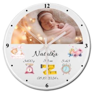 Okrągły szklany zegar z personalizacją UV - Prezent na Chrzest/ Dla dziewczynki/ średnica 20 cm