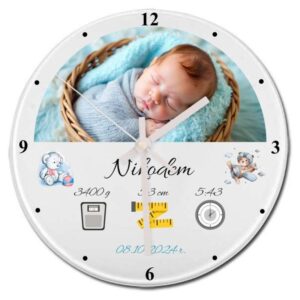 Okrągły szklany zegar z personalizacją UV - Prezent na Chrzest/ Dla chłopca/ średnica 20 cm