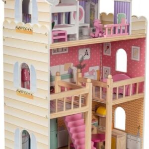 Duży drewniany 3-piętrowy domek dla lalek z tarasem, zestawem mebli i oświetleniem LED!