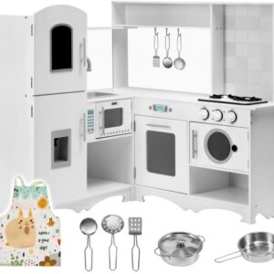 Drewniana narożna kuchnia XXXL z lodówką, piekarnikiem, pralką, fartuszkiem i akcesoriami