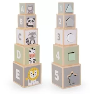 Drewniana wieża - sorter kształtów cyfry alfabet zwierzęta