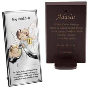 Srebrny obrazek kolorowy Aniołek z modlitwą Pamiątka Chrztu Św. z Grawerem 9,4 x 18,3 cm