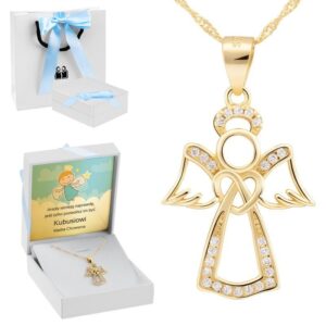 Pozłacana Zawieszka Aniołek z cyrkoniami Srebro 925 Prezent z Dedykacją