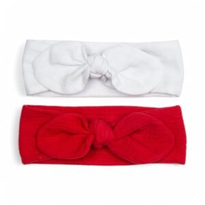Muślinowe opaski na uszy dla dziewczynki zestaw | 0-3 mc | 2 szt | biała - czerwona