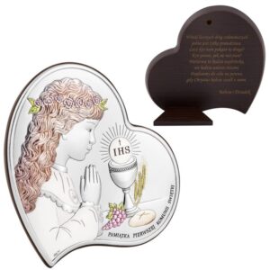 Obrazek srebrny serce 11x11 dziewczynka pamiątka na I Komunię Św. Grawer