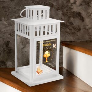 Personalizowany biały lampion – Pamiątka Pierwszej Komunii Świętej dla chłopca