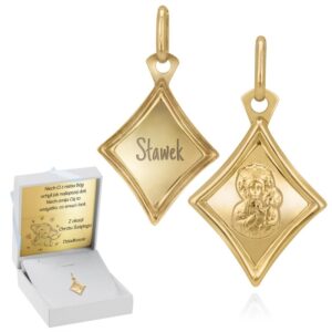 Medalik w kształcie rombu z wizerunkiem Matki Boskiej złoto pr. 585 Grawer