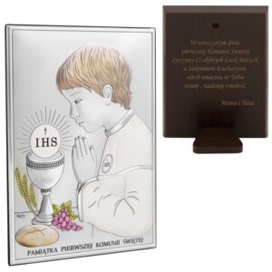 Obrazek srebrny 7x10 chłopiec pamiątka na I Komunię Św. Grawer