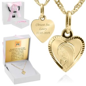 Złoty medalik z Matką Boską pr. 585 łańcuszek Chrzest Komunia Grawer