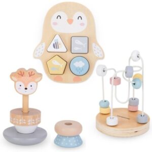Zestaw drewnianych zabawek - kolorowa przeplatanka, piramidka Jelonek, sorter Pingwin