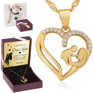 Pozłacany wisiorek serce z mamą i dzieckiem | Srebro 925 | Prezent na Dzień Matki Dedykacja