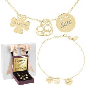 Zestaw naszyjnik + bransoletka pr. 925 koniczynka, serce i kółko Grawer