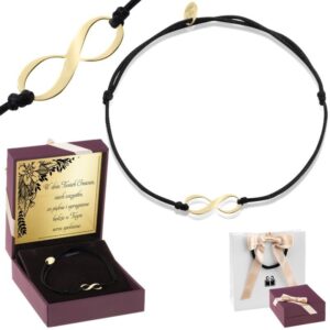 Sznurkowa czarna bransoletka ze złotym znakiem nieskończoności pr. 333 z Dedykacją