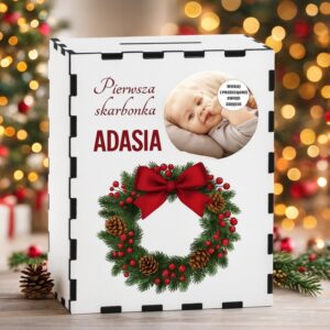 Drewniana skarbonka ze zdjęciem dziecka z Nadrukiem