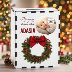 Drewniana skarbonka ze zdjęciem dziecka z Nadrukiem