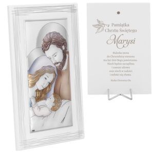 Obrazek Święta Rodzina na białym drewnie / Posrebrzany prezent na chrzciny Grawer