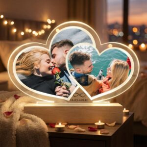Personalizowana lampka LED podwójne serce ze zdjęciami – romantyczna ramka z nadrukiem UV