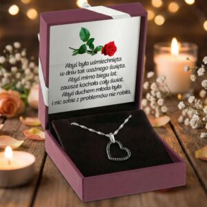 Zestaw prezentowy – srebrny naszyjnik serce z czarnymi cyrkoniami w pudełku z dedykacją