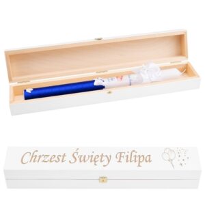 Chrzest lub Komunia: drewniana skrzynka na świecę z grawerem