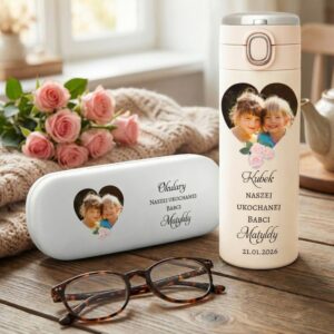 Zestaw prezentowy dla Babci – kubek termiczny z wyświetlaczem LED+ etui na okulary ze zdjęciem wnuków
