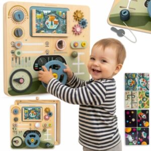 Drewniana tablica Montessori 2w1 Kokpit Małego Kierowcy i Pilota – kierownica, dźwignia zmiany biegów, mapy podróży, radar