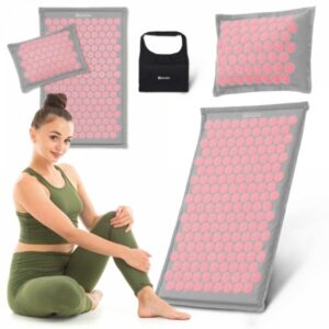 Mata do akupresury ECO lniana z włóknem kokosowym i poduszką z gryki – 68 cm HyperMotion szaro-różowa
