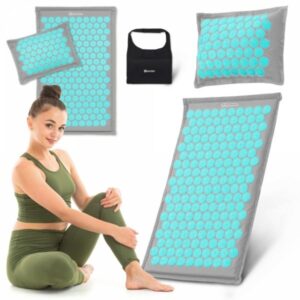 Mata do akupresury ECO lniana z włóknem kokosowym i poduszką z gryki – 68 cm HyperMotion szaro-miętowa