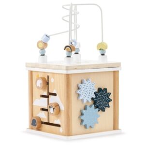 Drewniana kostka edukacyjna z przeplatanką - sorter kształtów