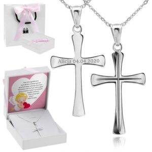 Krzyżyk z łańcuszkiem srebro 925 na Chrzest z grawerem w pudełku