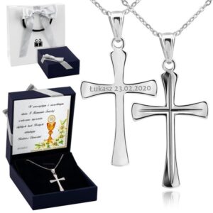 Srebrny krzyżyk 925 z łańcuszkiem i grawerem w granatowym pudełku