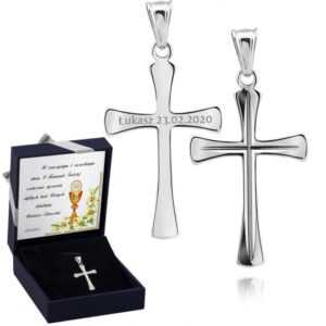 Na Chrzest: srebrny krzyżyk 925 zawieszka z grawerem w pudełku