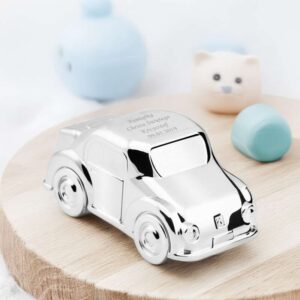 Na chrzest i roczek posrebrzana skarbonka auto z grawerem