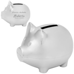 Na chrzest lub urodziny posrebrzana skarbonka świnka z grawerem