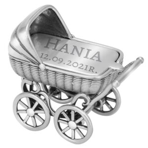Chrzest lub Roczek: srebrny wózeczek retro 925 z grawerem