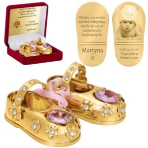 Na chrzest i roczek: różowe buciki baletki z kryształami i grawerem