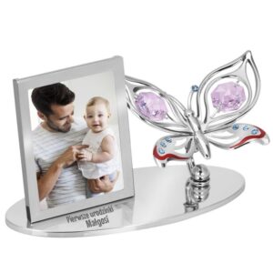 Na chrzest i urodziny: Ramka motyl z kryształami i grawerem