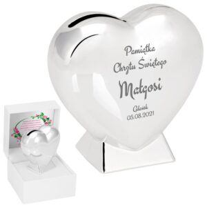 Srebrna skarbonka serce na chrzest z grawerem i tabliczką