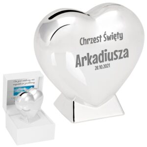 Skarbonka serce na chrzest ze stali posrebrzanej z grawerem