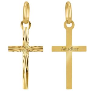 Na Chrzest Św. i Komunię: złoty krzyżyk 585 z grawerem imienia