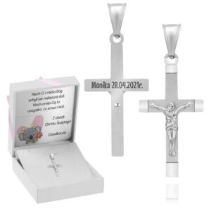 Krzyżyk srebrny 925 z Jezusem na Komunię z dedykacją i grawerem