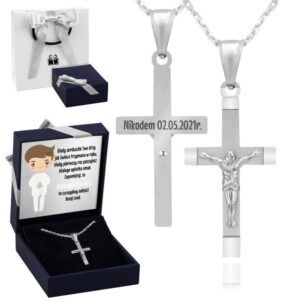 Na Chrzest: srebrny krzyżyk 925 z Jezusem i grawerem z łańcuszkiem