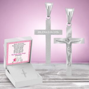 Chrzest i Komunia: srebrny krzyżyk 925 z grawerem i kokardką