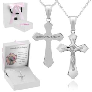 Na Chrzest Srebrny krzyżyk 925 z grawerem i łańcuszkiem