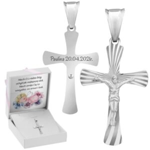 Krzyżyk srebrny 925 z Jezusem w pudełku z grawerem na Chrzest
