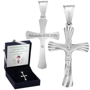 Krzyżyk srebrny 925 z Jezusem w granatowym pudełku z grawerem