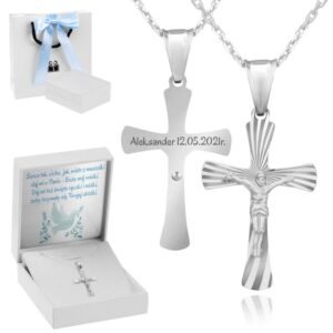 Krzyżyk srebrny 925 z Jezusem i łańcuszkiem na Komunię z grawerem