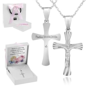 Krzyżyk srebrny 925 z Jezusem i łańcuszkiem na Chrzest z grawerem