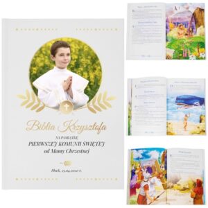Biblia na Pierwszą Komunię dla chłopca ze zdjęciem i nadrukiem UV