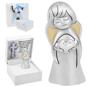 Posrebrzana figurka aniołka z sercem z tabliczką z dedykacją