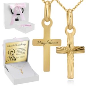 Komunia/Chrzest: złoty krzyżyk z łańcuszkiem, grawer i dedykacja